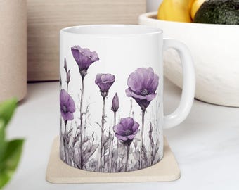 Purple Wildflower Mug, Lavender Floral Coffee Cup, Gift for Mom, Flower Lover Gift, Pretty Purple Floral Mug, Tea Lover Gift, Gift for Her
