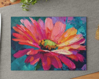 Floral Glass Cutting Board, Colorful Pink Floral Kitchen Decor, Tempered Glass Cutting Board, Unique Housewarming Gift, Glass Chopping Board