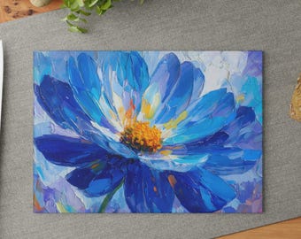 Floral Glass Cutting Board, Blue Daisy Glass Cutting Board, Vibrant Kitchen Decor, Tempered Glass Cutting Board, Unique Housewarming Gift