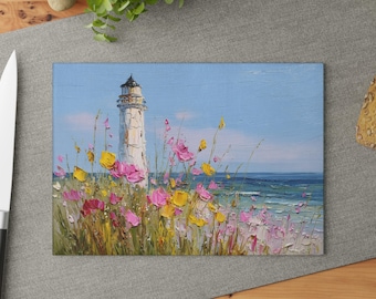 Lighthouse Glass Cutting Board, Floral Glass Cutting Board, Vibrant Kitchen Decor, Tempered Glass Cutting Board, Unique Housewarming Gift