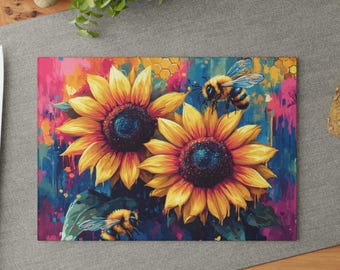 Floral Glass Cutting Board, Sunflower Glass Cutting Board, Vibrant Kitchen Decor, Tempered Glass Cutting Board, Unique Housewarming Gift
