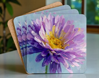 Conjunto de 4 porta-copos com estampa floral roxa, um conjunto vibrante de porta-copos com flores, ideal para decoração de casa, bar e para presentear colegas de trabalho.