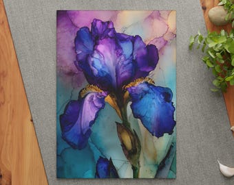 Floral Glass Cutting Board - Purple Iris, Iris Kitchen Decor, Tempered Glass Cutting Board, Unique Housewarming Gift, Glass Chopping Board