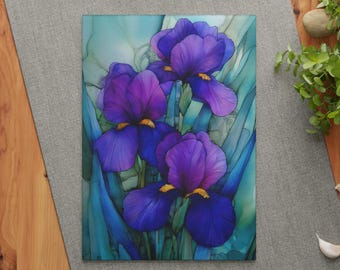Floral Glass Cutting Board, Purple Iris Glass Cutting Board, Vibrant Kitchen Decor, Tempered Glass Cutting Board, Unique Housewarming Gift
