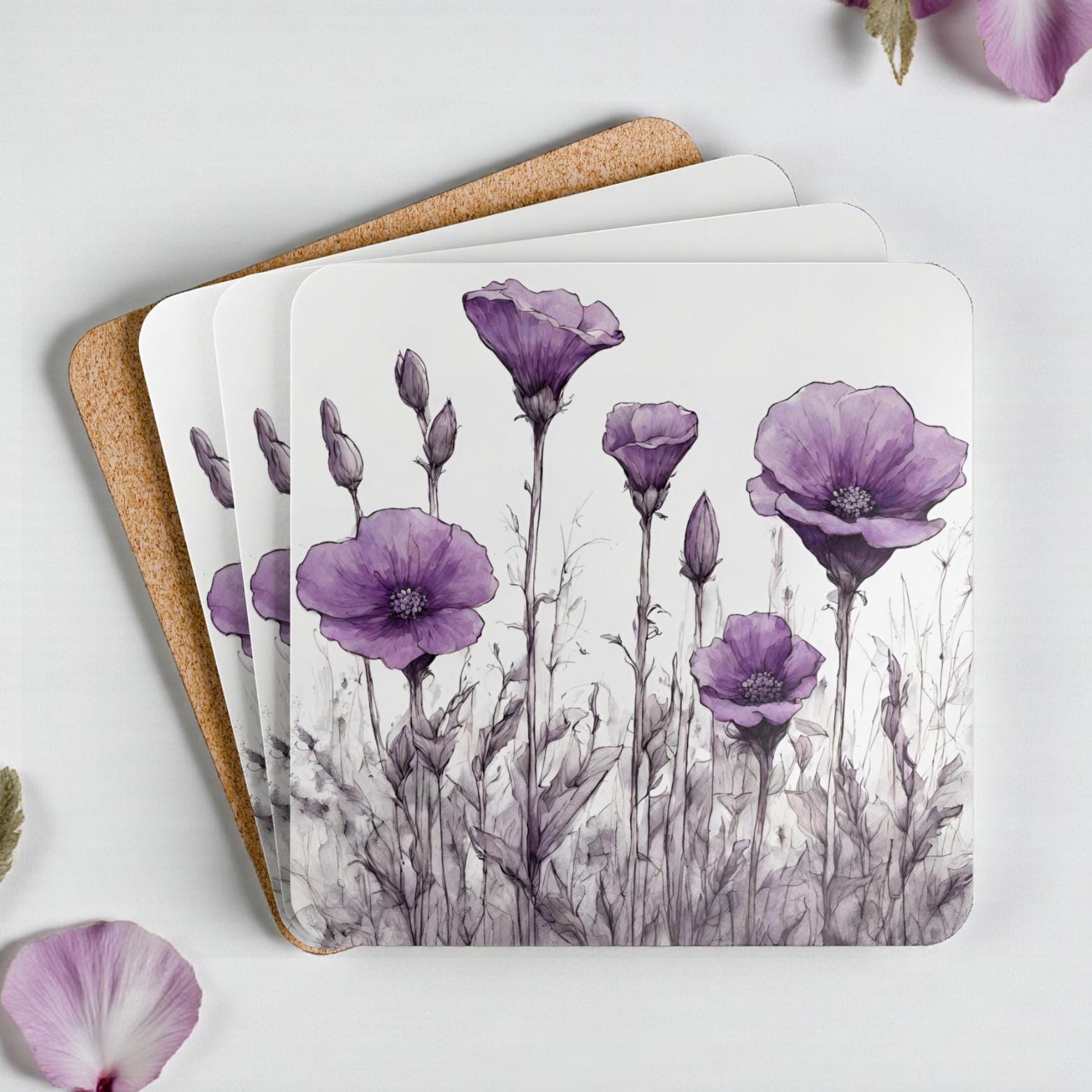 Coaster Set - 4 Purple Wildflower Coasters, Purple Floral Drink