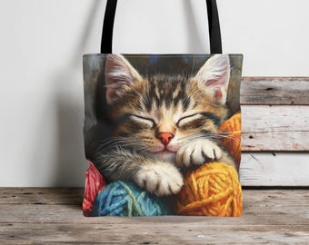 Cat Tote Bag, Cute Kitten Tote Bag, Sleeping Cat with Yarn Bag, Cozy Animal Canvas Tote, Reusable Grocery Bag, Cat Lover Gift
