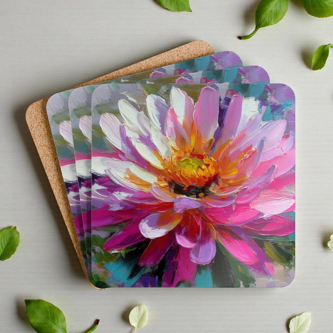 Pink Coaster Set Coaster Set - 4 Colorful Pink Floral Coasters, Bright Floral Drink ...