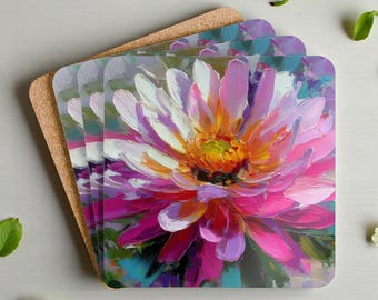 Conjunto de 4 porta-copos florais rosa coloridos, conjunto de porta-copos florais vibrantes, decoração alegre para casa, presente divertido para casa e colegas de trabalho.
