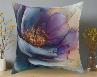 Almofada decorativa floral, almofada com flores roxas e azuis, almofada botânica moderna, decoração elegante e neutra para casa, presente floral de luxo
