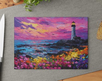 Lighthouse Glass Cutting Board, Floral Glass Cutting Board, Vibrant Kitchen Decor, Tempered Glass Cutting Board, Unique Housewarming Gift