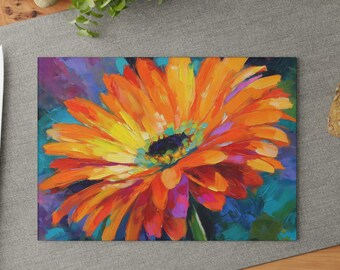 Floral Glass Cutting Board, Prange Daisy Glass Cutting Board, Vibrant Kitchen Decor, Tempered Glass Cutting Board, Unique Housewarming Gift