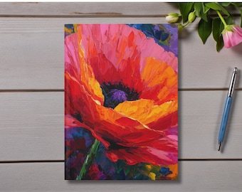 Caderno de capa dura floral, caderno com papoulas vibrantes, caderno com flores vermelhas, caderno rosa de capa dura com linhas em branco, presente para mulheres, presente para amantes de flores
