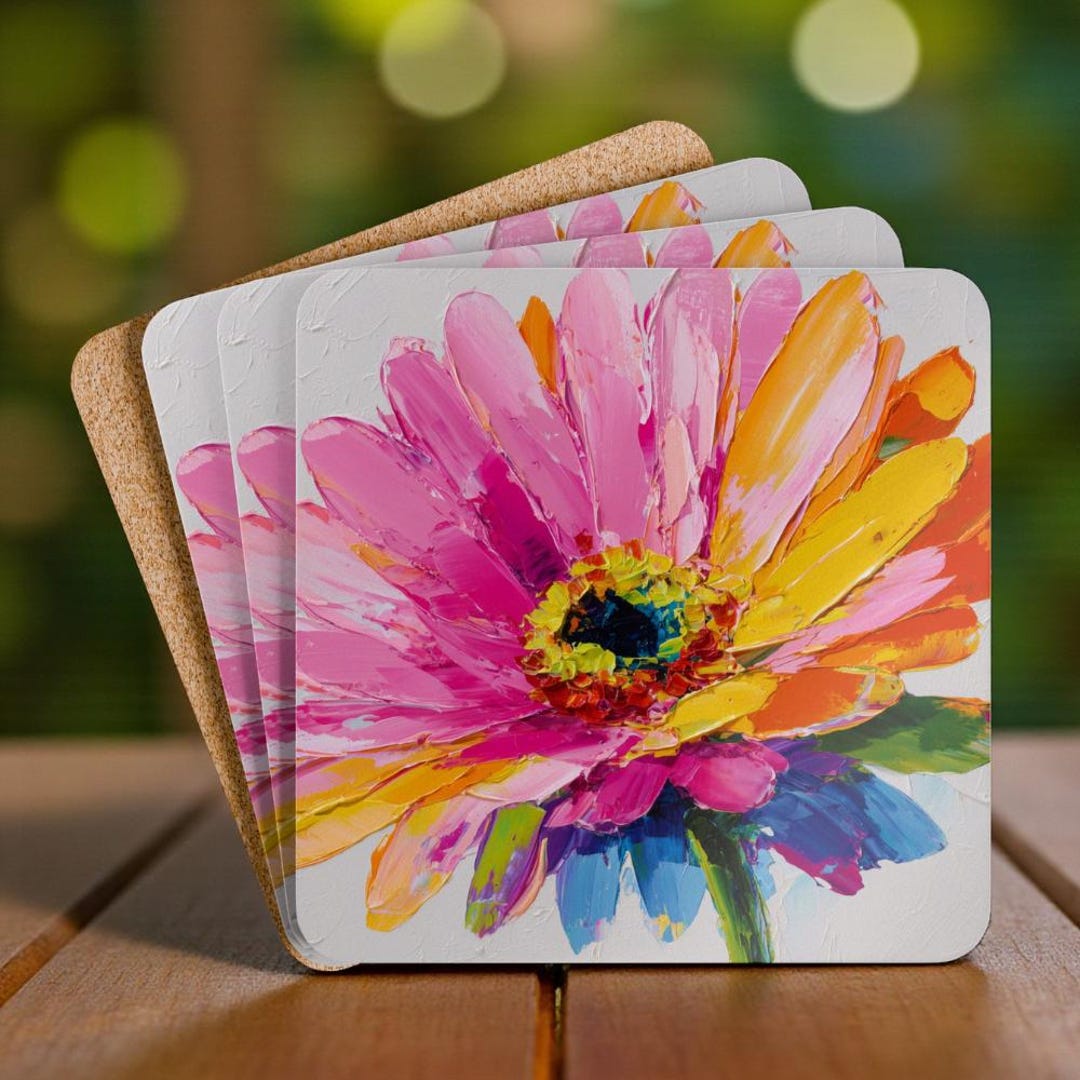 Coaster Set - 4 Colorful Rainbow Floral Coasters, Bright Floral Drink ...