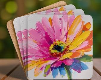Conjunto de 4 porta-copos coloridos com estampa floral arco-íris, conjunto de porta-copos vibrantes com estampa floral, decoração alegre para casa, presente divertido para casa e colegas de trabalho.