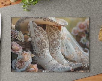 Glass Cutting Board - Western Bridal, Cowboy Boot Wedding Decor, Western Kitchen Decor, Unique Housewarming Gift, Unique Bridesmaid Gift