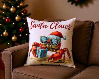 Christmas Crab Pillow - Santa Claws Faux Suede Double Sided Pollow, Coastal Holiday Pillow, Beach Holiday Cushion, Tropical Holiday Decor