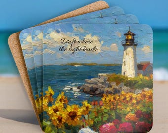 Conjunto de 4 porta-copos com rodinhas em formato de farol, com frases inspiradoras, perfeito para amantes da praia.