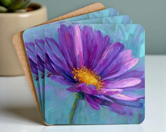 Conjunto de 4 porta-copos florais roxos e coloridos, um conjunto vibrante de porta-copos com estampa floral, ideal para decorar a casa ou presentear colegas de trabalho.