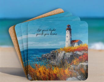 Conjunto de 4 porta-copos com farol, frase inspiradora, perfeitos para amantes da praia, decoração náutica e oceânica.