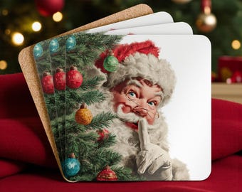 Conjunto de 4 porta-copos vintage com Papai Noel para decoração natalina, perfeitos para presentear colegas de trabalho ou anfitriões no Natal. Decoração natalina ideal para a casa.