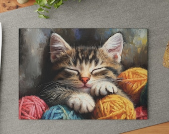 Cat Glass Cutting Board, Sleeping Kitten Kitchen Decor, Cat Lover Gift, Cute Animal Cutting Board, Unique Housewarming Gift