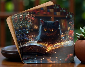 Conjunto de 4 porta-copos mágicos com estampa de gato preto, decoração aconchegante e mágica, ideal para amantes de livros de fantasia, decoração mística para casa, presente para mães de gatos e amantes de gatos.