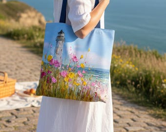 Lighthouse Floral Tote Bag - Coastal Art Tote, Beach Lover Gift, Optional Name Personalization, Mother's Day Gift, Teacher Appreaiation Gift