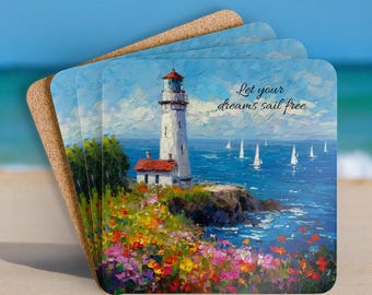 Conjunto de 4 porta-copos com farol, flores e barquinhos à vela, perfeitos para amantes da praia. Porta-copos inspiradores.