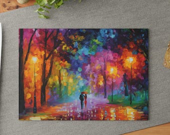 Glass Cutting Board - Colorful Romantic Couple, Kitchen Decor, Wedding or Anniversary Gift, Unique Housewarming Gift, Coffee Bar Decor