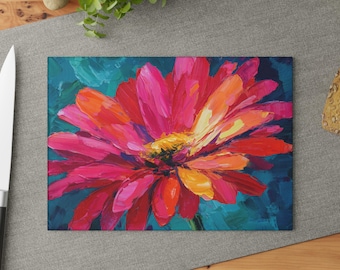 Floral Glass Cutting Board, Pink Daisy Glass Cutting Board, Vibrant Kitchen Decor, Tempered Glass Cutting Board, Unique Housewarming Gift