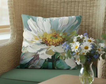 Almofada decorativa floral, almofada com estampa de flores brancas em um jardim matinal, almofada com arte pictórica, decoração colorida para casa, presente para amantes de flores