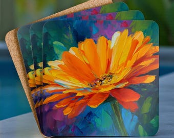 Conjunto de 4 porta-copos florais laranja coloridos, conjunto de porta-copos florais vibrantes, decoração alegre para casa, presente divertido para casa ou colegas de trabalho.