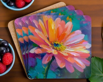 Conjunto de 4 Porta-Copos Florais Coloridos, Conjunto de Porta-Copos com Estampa Floral Vibrante, Presente Alegre para Decoração de Casa, Presente Divertido para Casa ou Bar, Presente para Colega de Trabalho