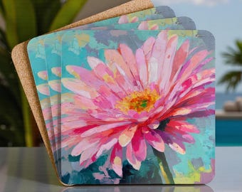 Conjunto de 4 porta-copos com estampa floral rosa, um conjunto vibrante de porta-copos com flores, ideal para decoração de casa, bar ou para presentear colegas de trabalho.