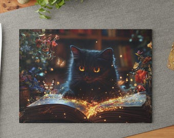 Black Cat Glass Cutting Board, Magical Cat Kitchen Decor, Black Cat Kitchen Decor, Book Lover Gift, Fantasy Cat Cutting Board