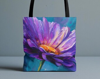 Purple Floral Tote Bag, Painterly Flower Art Shoulder Bag, Colorful Reusable Market Tote, Everyday Carryall, Gift for Art Lovers