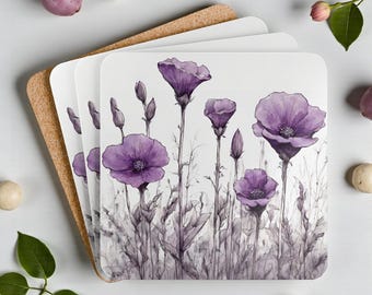 Conjunto de 4 Porta-Copos com Estampa de Flores Silvestres Roxas, Conjunto de Porta-Copos com Estampa Floral Roxa, Elegante Decoração Floral para Casa, Presente Divertido para Casa ou Colegas de Trabalho