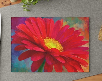 Floral Glass Cutting Board, Red Floral Glass Cutting Board, Vibrant Kitchen Decor, Tempered Glass Cutting Board, Unique Housewarming Gift
