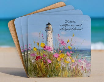 Conjunto de 4 porta-copos com farol, decorados com flores da primavera, perfeitos para amantes da praia. Porta-copos inspiradores.