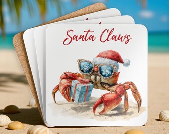 Conjunto de 4 porta-copos com tema natalino de caranguejo, divertidos e com tema de praia, perfeitos para presentear amigos, colegas de trabalho, para casa ou para o bar.