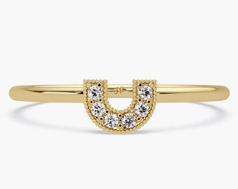 14k Gold Horseshoe Diamond Ring: Lucky Pavé Band Stacking Ring, U Ring