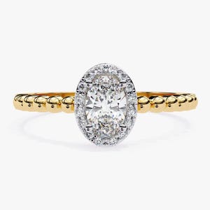 Oval Halo Diamond Engagement Ring in 14K Gold, 0.50 Ctw Lab Grown Oval Diamond, Beaded Band Wedding Ring, Unique Halo Ring Gift for Her