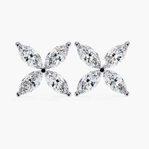 4 Marquise Lab Grown Diamond Stud Earrings, 14K Gold Clover Studs, Dainty Floral Diamond Earrings, Minimal Gift Jewelry for Her