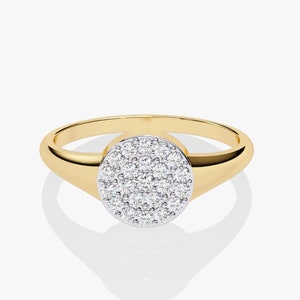 Diamond Signet Pinky Ring, 14K Solid Gold Signet Ring with Lab Grown Diamonds, Minimalist Pave Signet Ring for Anniversary Gifts