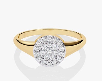 Anillo de sello minimalista para dedo meñique con diamantes cultivados en laboratorio y pavé de oro de 14 quilates