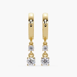 14K Gold Diamond Drop Earrings, 11mm to 14mm Solid Gold Hoops, Lab Diamond Dangle Huggies, Gift for Wife