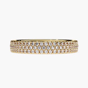 Yellow gold eternity band with 3 rows of small diamonds around the band.