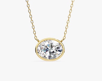 1 Ct Diamond Necklace, 14Kt Gold Lab Grown Diamond Pendant, Oval Diamond Solitaire Necklace, 16-18 inch length, Bezel Setting