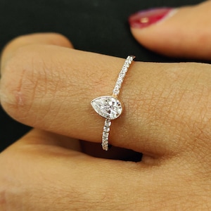 Dainty 14k Gold Diamond Engagement Ring | Minimalist Pear Diamond Ring | Classic Bezel Setting | Everyday Gold Ring Gift for Her