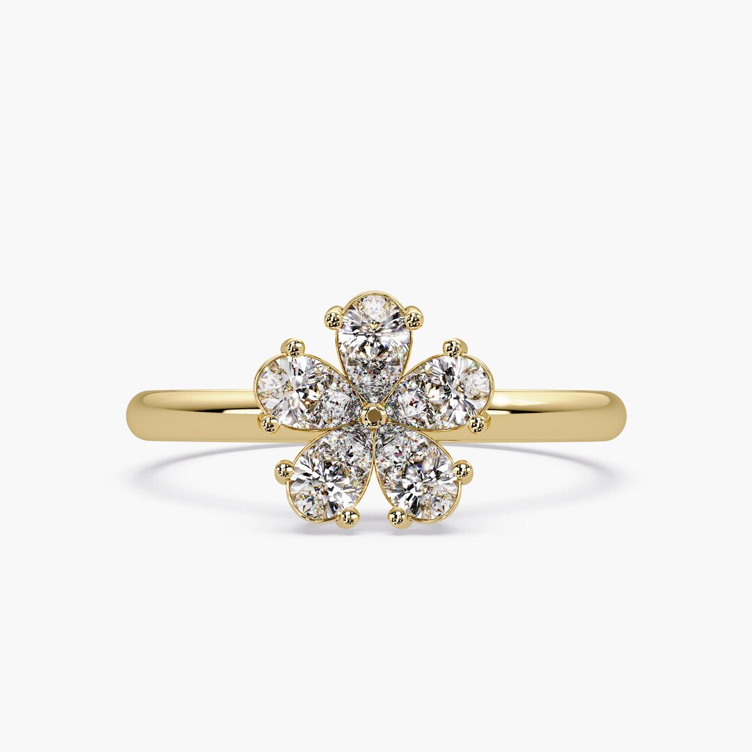 14K Gold Diamond Flower Ring: Pear Cut Petal Cluster, 0.40 Ctw - Etsy